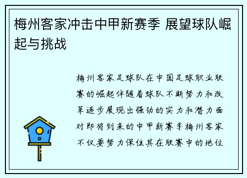 梅州客家冲击中甲新赛季 展望球队崛起与挑战